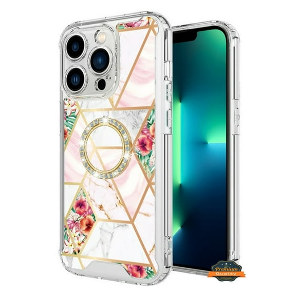 For Samsung Galaxy A16 5G Fashion Design Pattern Hybrid Ring Kickstand Bling Diamond Hard PC TPU Protective Phone Case Cover by Xpression, Marble Pink Flowers