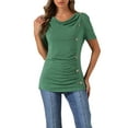 thumbnail image 1 of Camiseta básica casual de mujer con botones decorativos y fruncido en la parte delantera, de manga corta, talla L, color verde oscuro, 1 of 6