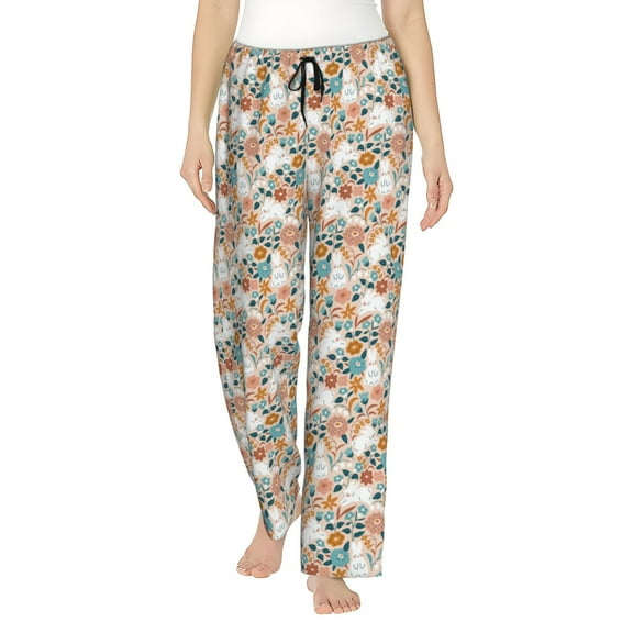 Vsdgher Cute Rabbit Floral Women’s Womens Pajama Pants, Lounge Wide Leg PantsLounge Pants,Sleep Bottoms, Lounge for Women-Small