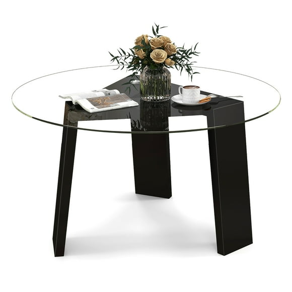 Gymax Round Coffee Table Modern Tempered Glass Top Accent Table w/ Transparent Tabletop