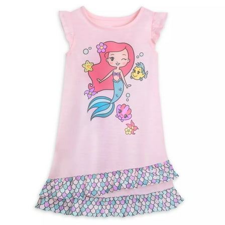 Disney Ariel and Flounder Girl's Pink Jersey Tiered Nightgown, Gown (Size 5/6)