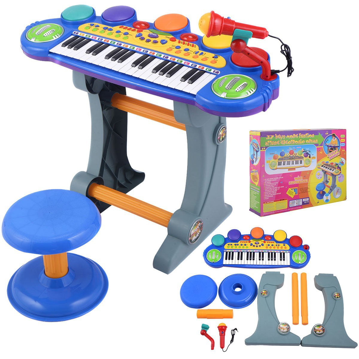 Kids Battery Organ Piano Keyboard with Microphone Developmental Toy With Stool 