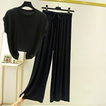 uublik Womens Matching Lounge Set Casual Short Sleeve Pullover Tops and Drawstring Wide Leg Pants Lounge Sets Black, XXL