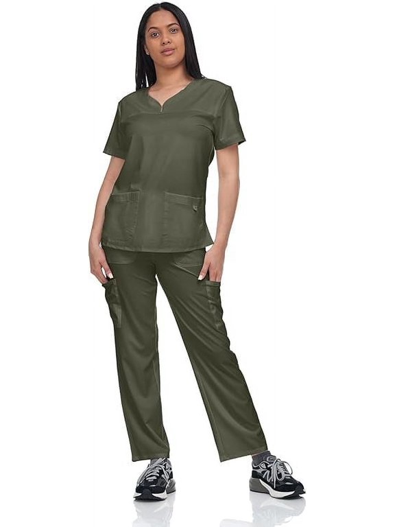 Scrub Set Top and Pants with 4 Pockets Stretch Fabric Lightweight Nurse Uniform Set for Home Attendant