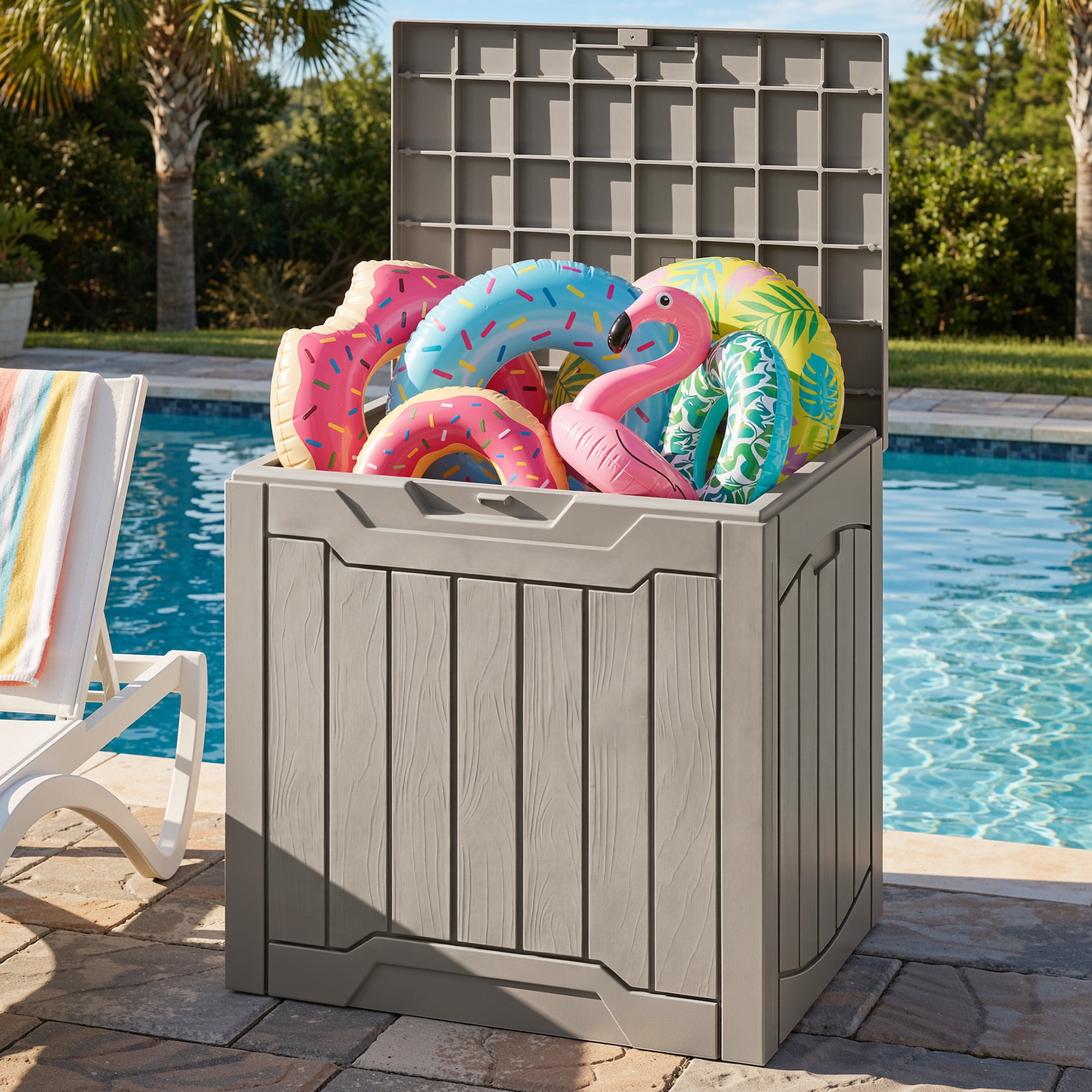 Uforic 31 Gallon Waterproof Resin Outdoor Storage Box, Lockable Deck Box & Package Delivery Box for Patio, Garden Tools & Pool Supplies, Light Brown