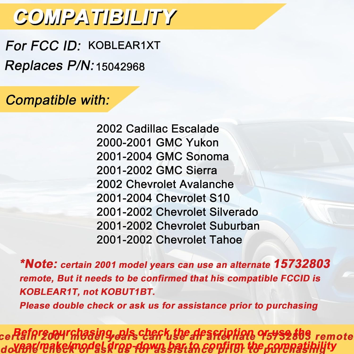 Key Fob Replacement for 2001-2002 Chevy Silverado Suburban Tahoe& GMC Sierra Yukon/ 01-04 S10 Sonoma/ 2002 Avalanche& Escalade Car Keyless Entry Remote Control,KOBLEAR1XT 15042968,3 Buttons