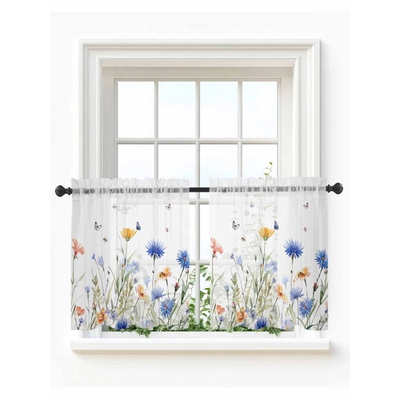 Spring Floral Tier Curtains 36 Inch Length,Sheer Curtains for Bedroom Living Room Window Elegant Butterfly Summer Botanical Rod Pocket Drapes Kitchen Curtains Small Half Window 27.5"x36" 2 Panels