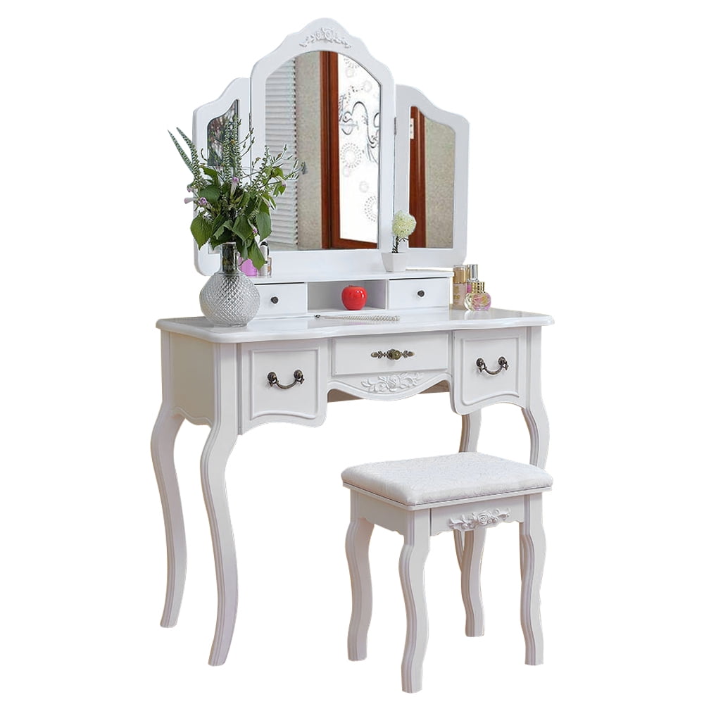 Kepooman Vanity Table Set, Tri-fold Mirror Dresser Table with Dressing Stool, White Kepooman Vanity Table Set, Tri-fold Mirror Dresser Table with Dressing Stool, White