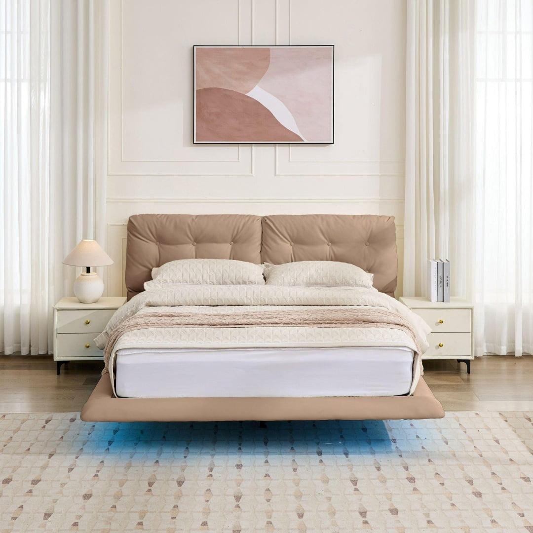 Queen Size Floating Bed Frame with LED Lights, Upholstered Platform Bed with Button Tufted Headboard, No Box Spring Needed, Easy Assembly, Khaki