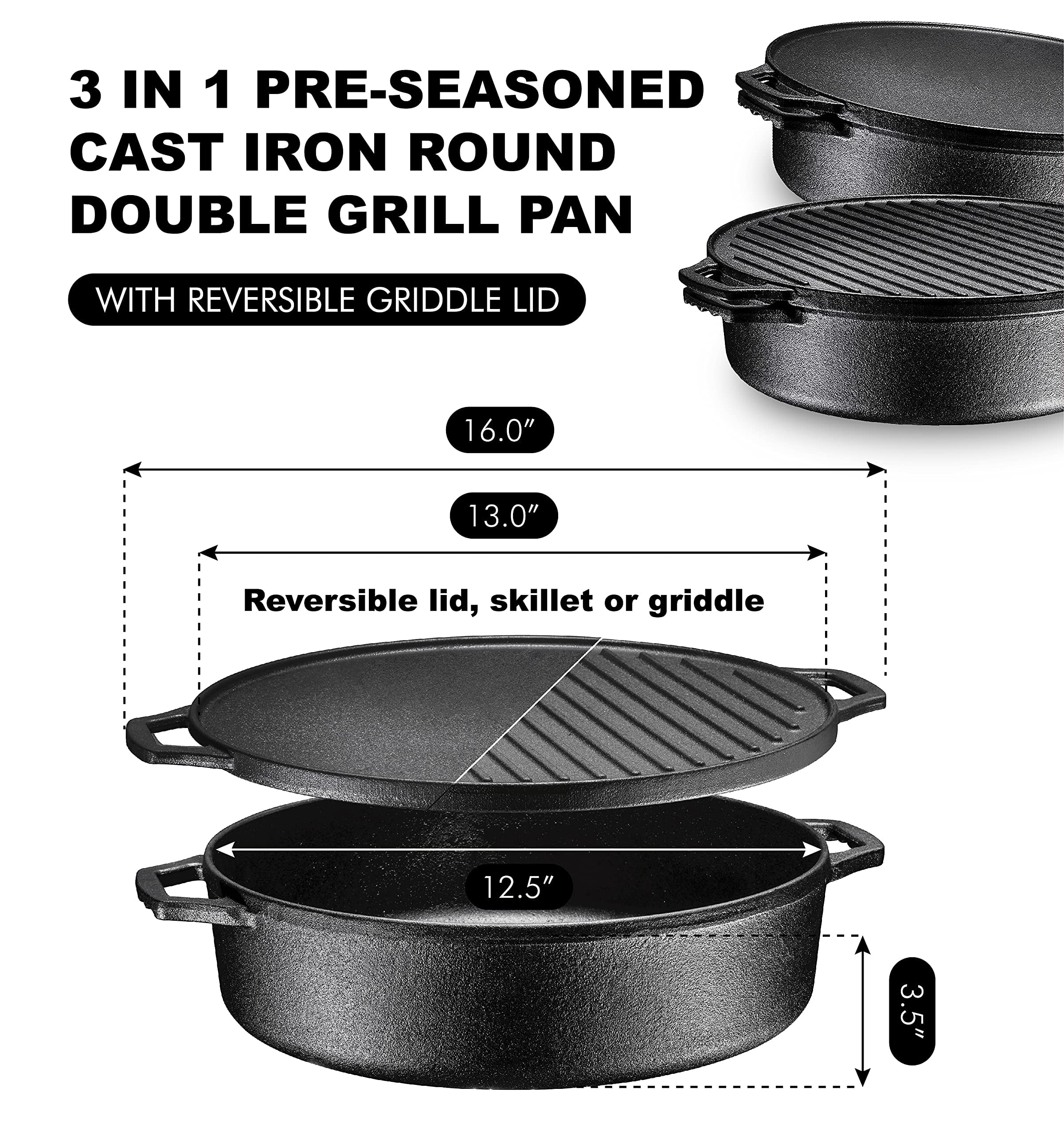 Bruntmor 3-in-1 Pre-Seasoned Cast Iron Rectangle Pan with with Reversible Grill Griddle Lid Multi Cooker Deep Roasting Grill Pan, Non-STI