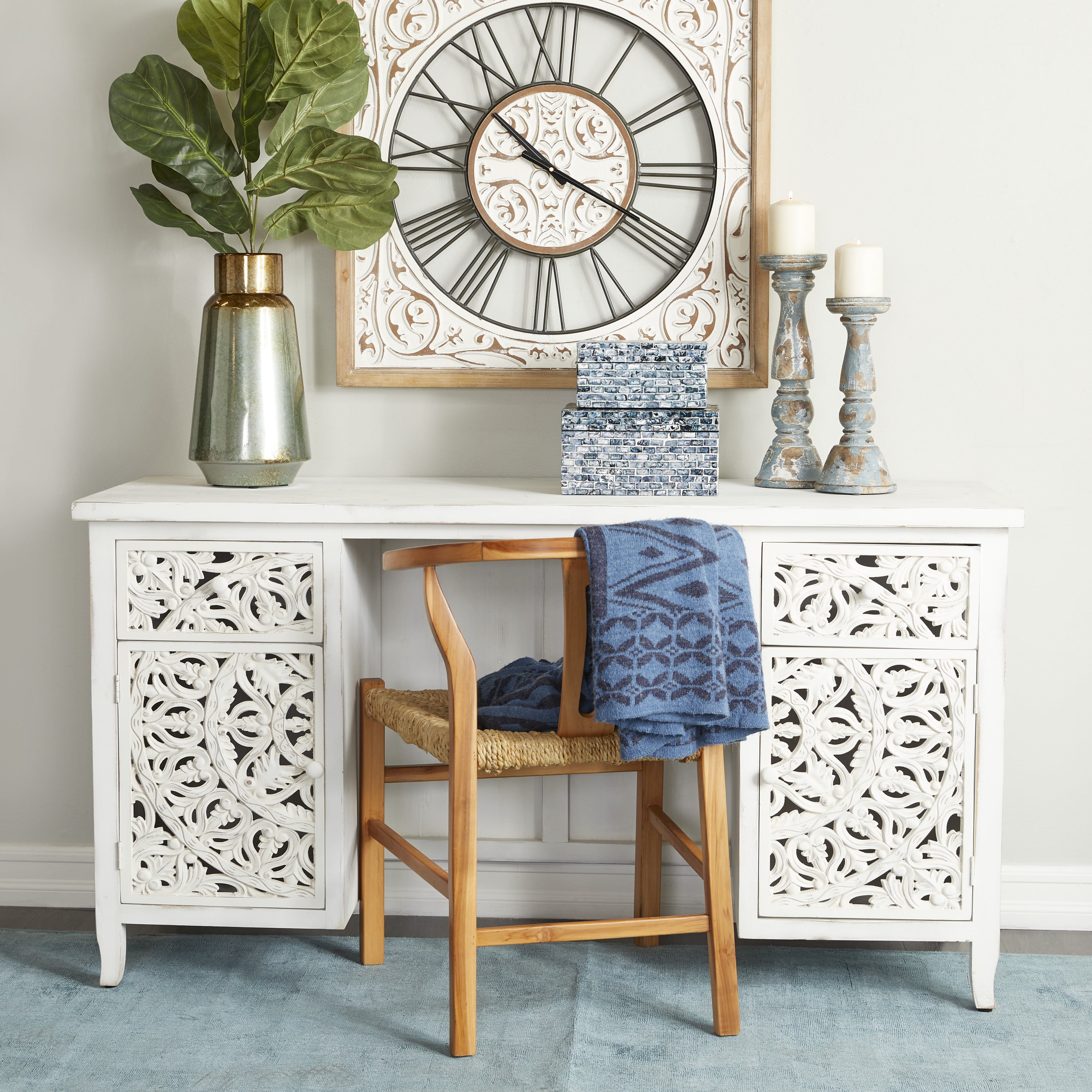 DecMode 56" x 31" White Wood Handmade Floral Desk, 1-Piece