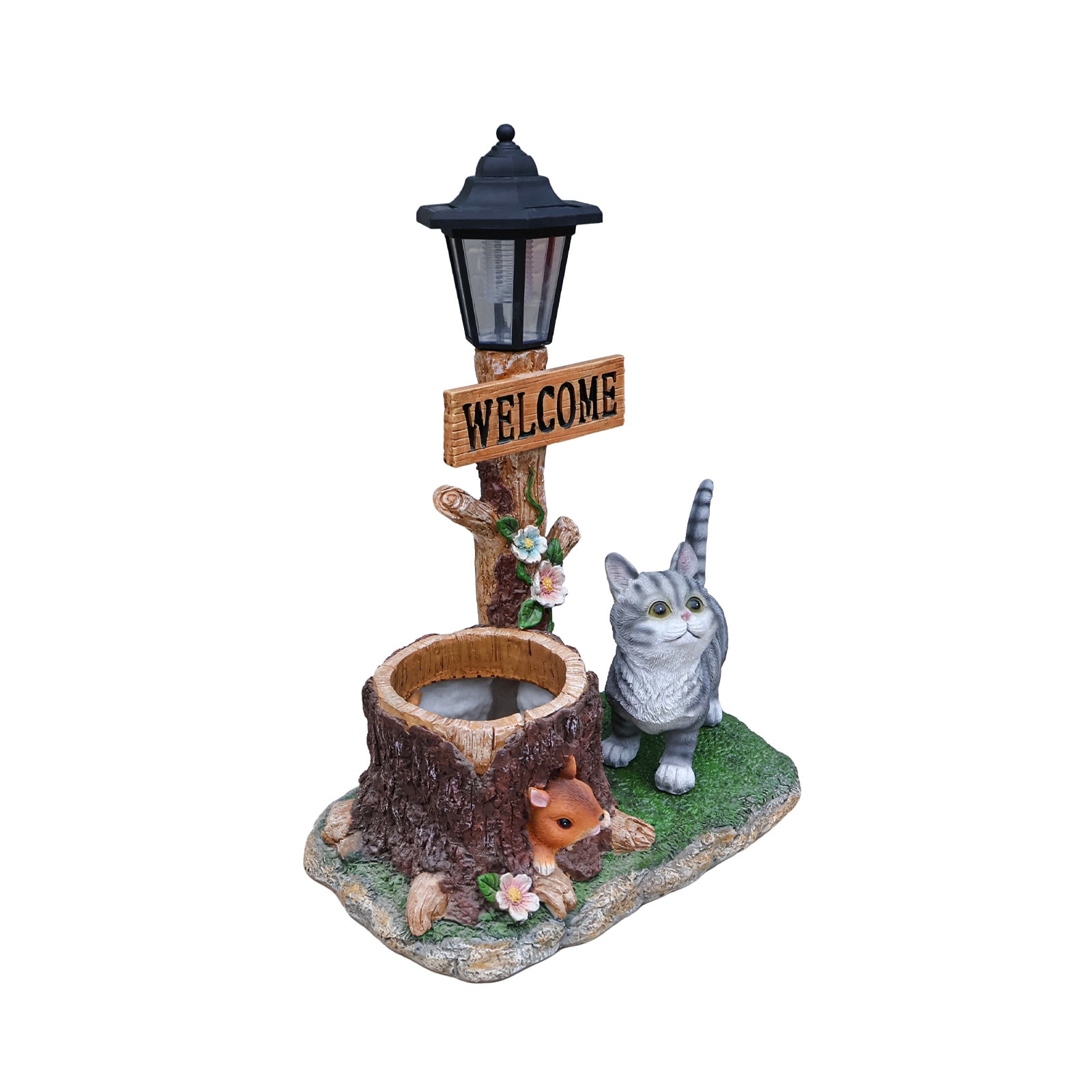 Cat Solar Planter Statue for Outdoor Decor, Garden Statue with Built-In Planter and LED Light, Weather-Resistant Resin for Yard, Patio, Brown