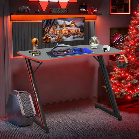 Dkelincs 47 inch Z-Shaped Gaming Desk Computer Desk, Ergonomic Writing Office Desk Racing Style PC Gaming Table Workstation with Headphone Hook for Game Players, Red