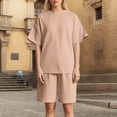 thumbnail image 2 of FINALGANG Womens Solid Color Ribbed Knit Two Piece Outfit Crew Neck Short Sleeve Top High Waist Bermuda Shorts Casual Matching Set For Loungewear Daily Wear Trendy Set, 2 of 4