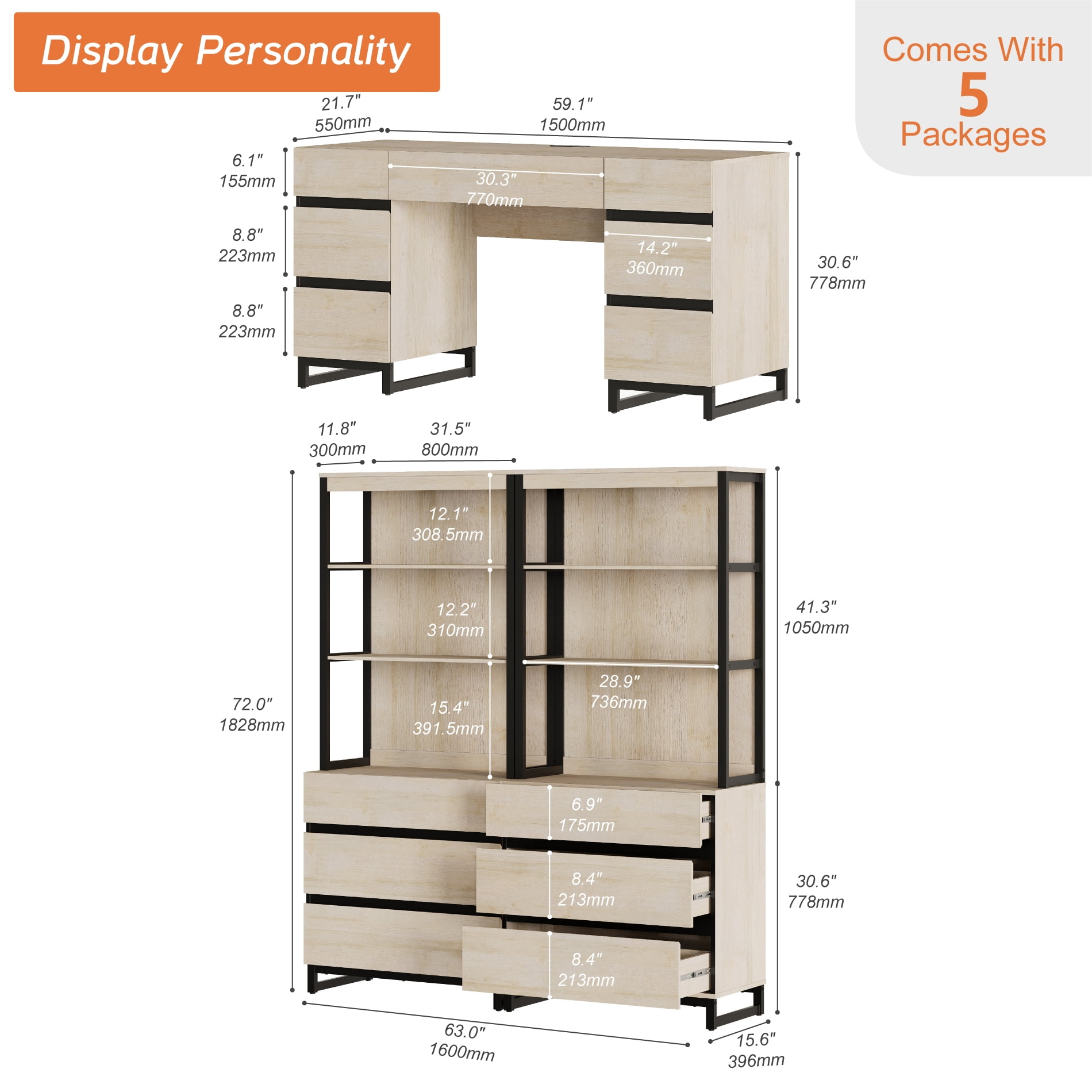 WAMPAT Home Office Furniture Set: 59in Modern Executive Desk with Charging Station and Drawers and 2 PCS 72in Tall Bookcases with 6 Drawers, Home Office Furniture for Living Room, Bedroom, Beige