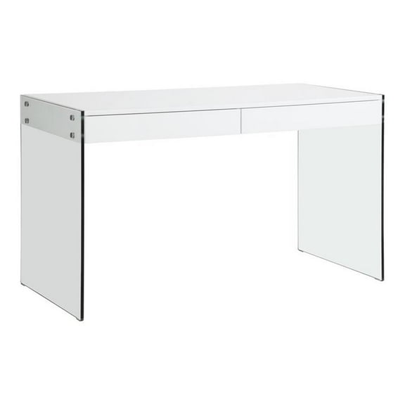 Maklaine 51.2" Contemporary Wood and Glass Desk in Clear/Gloss White