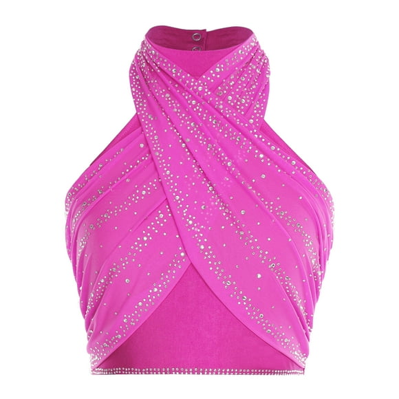 YiZYiF Women's Sequin Sparkly Halter Tops Latin Modern Dance Tank Crop Top Camisole Ballroom Dance Hot Pink XL