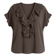 thumbnail image 4 of Craaazy Women Plus Size Tops Loose Fit Solid Color V Neck Ruffle Placket Short Sleeve Cotton T Shirts for Daily Wear Gift, 4 of 9