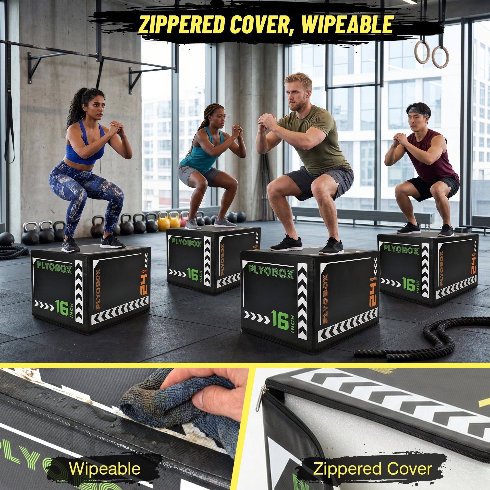 Leumius 3-in-1 Foam Plyometric Jump Box for Home Gym,16/20/24 Inch Multiple Height Options,Versatile Plyo with Non-Slip Surface for Strength, HIIT, Step-Ups, and Agility Training,Black