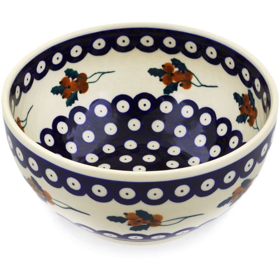 Polish Pottery 7½-inch Bowl (Yellow Holly Berries Theme) Hand Painted in Boleslawiec, Poland   Certificate of Authenticity