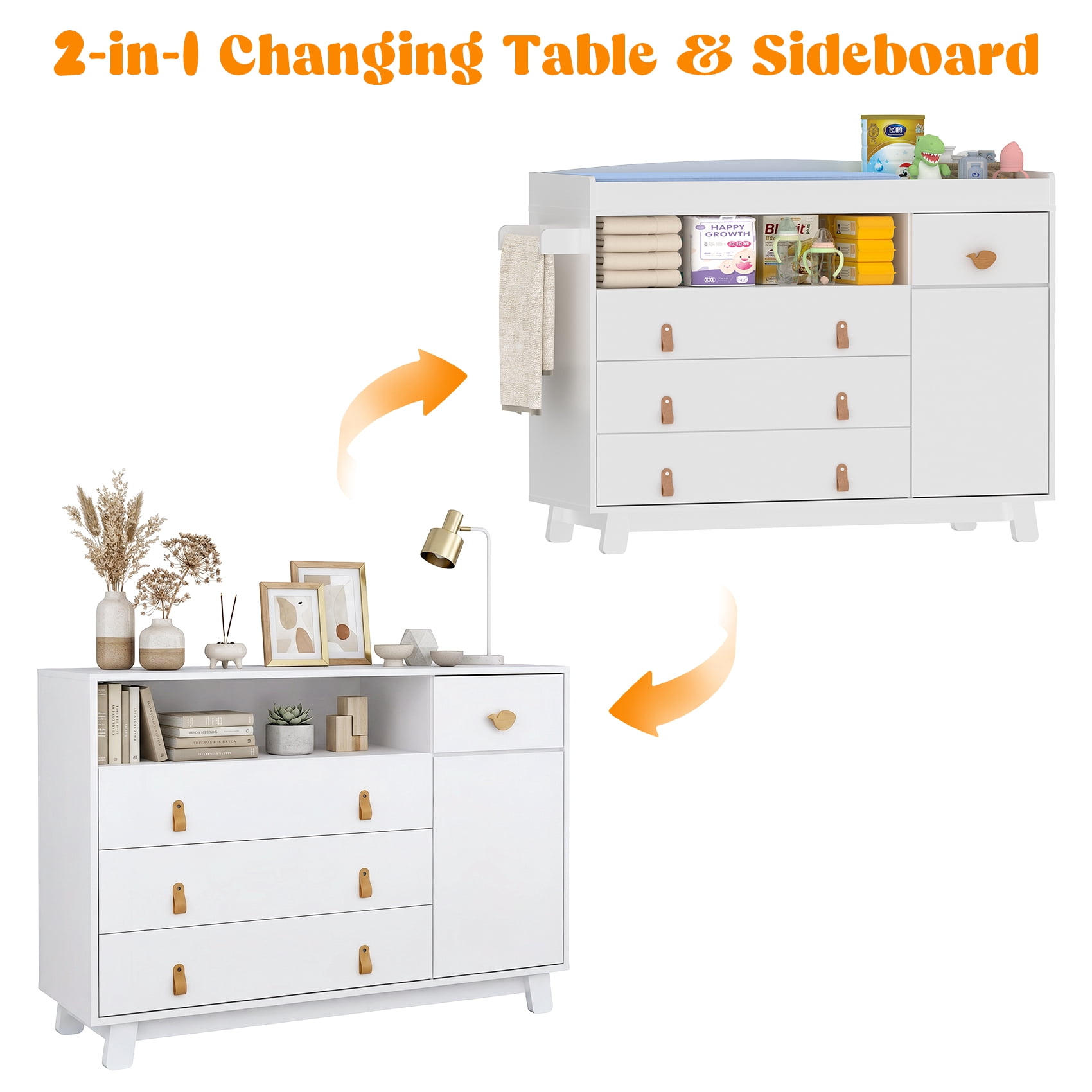 Melidee Baby Dresser with Changing Table, 47" x 17" x 35", 4-Drawer Nursery Organizer with Safety Rail, White