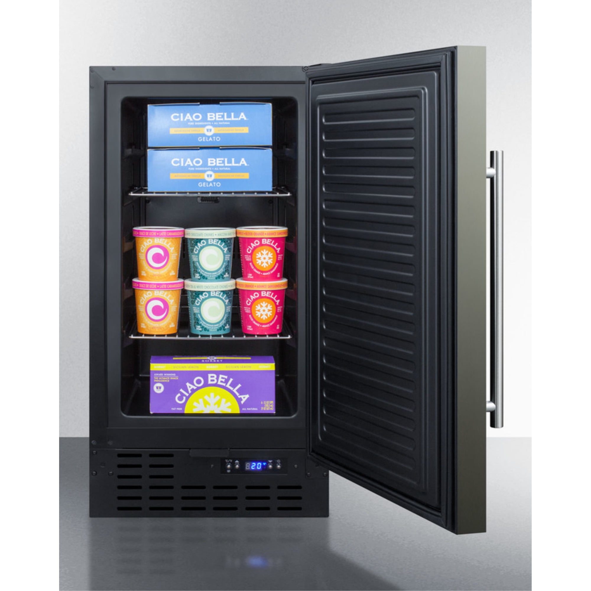 ADA compliant 18" wide built-in undercounter frost-free freezer with black stainless steel door, lock, and digital thermostat