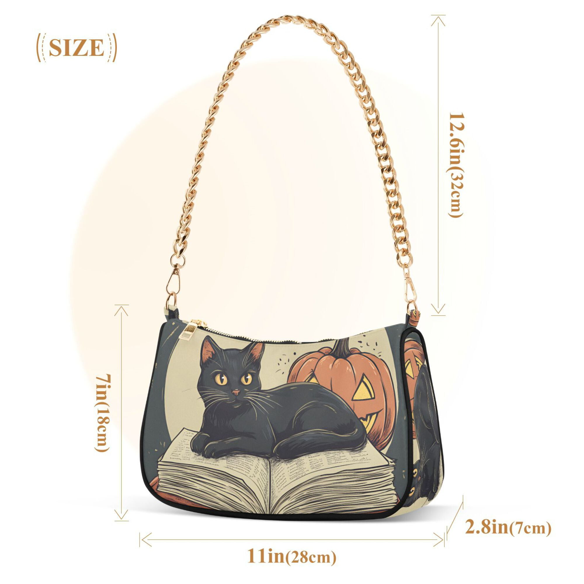 FORMRS Womens Shoulder Bag with Chain Strap Clutch Purse Cute Tote Handbag, Black Halloween Cat