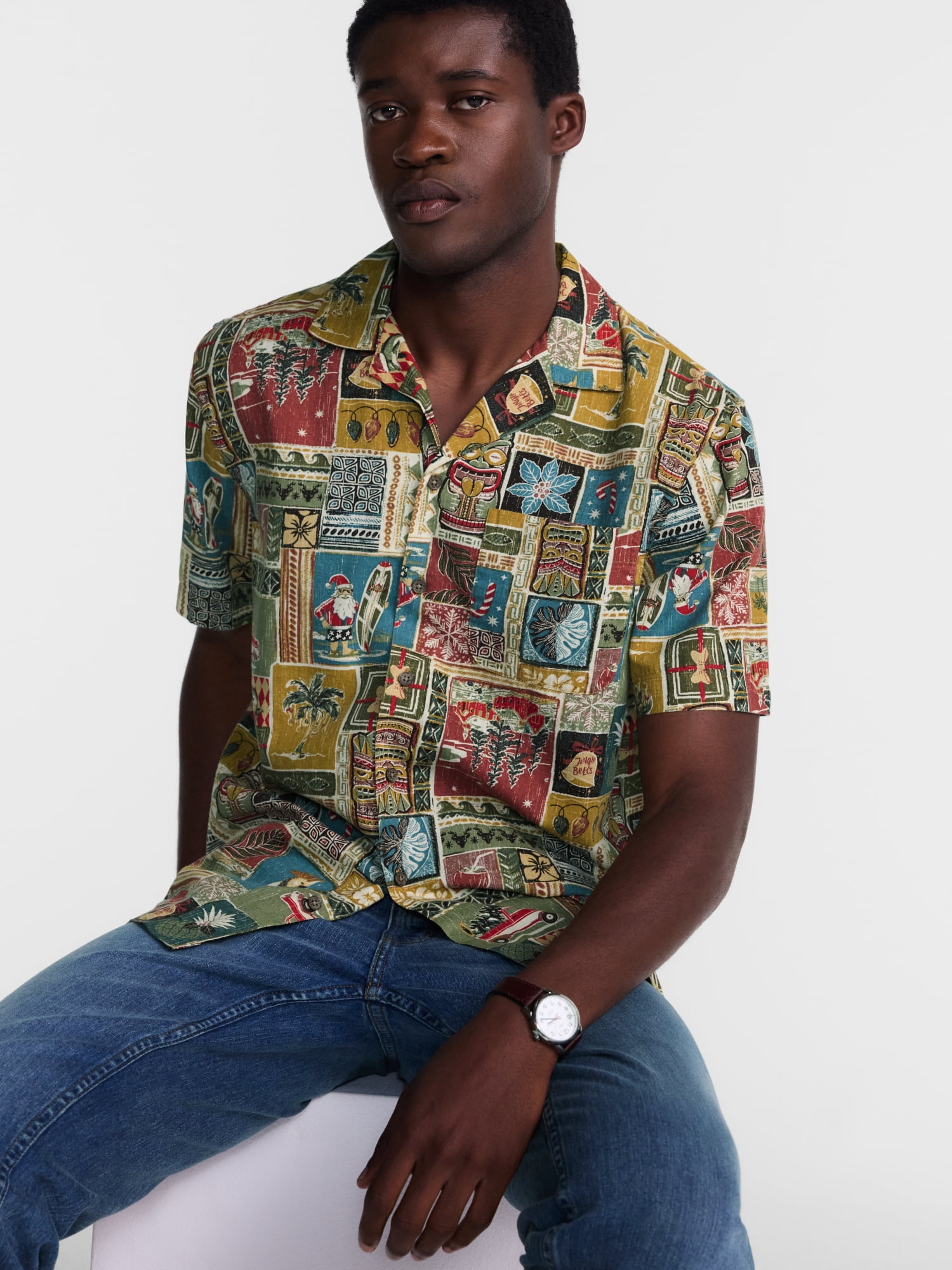 George Men's Linen Blend Holiday Camp Shirt, Sizes XS-3XL, LT-4XLT, 2XB-6XB