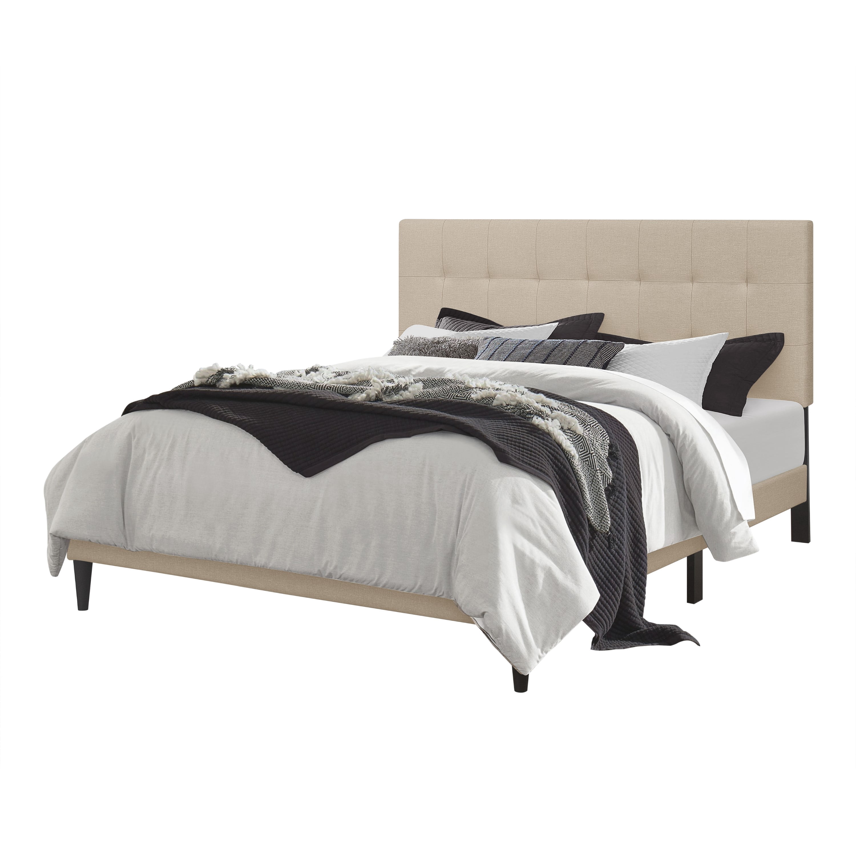 Home Design Evanston Queen Tufted Upholstered Platform Bed with Slatted Wood and Foam-Padded Headboard, Beige, Easy Assembly