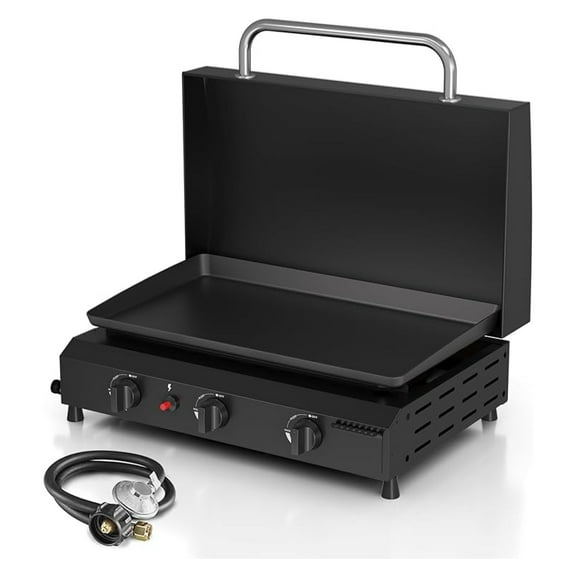 3 Burner Flat Top Grill, 25.6" Stainless Steel Propane Griddle with Hood - Portable Gas Griddle for Outdoor BBQ, Camping, Kitchen