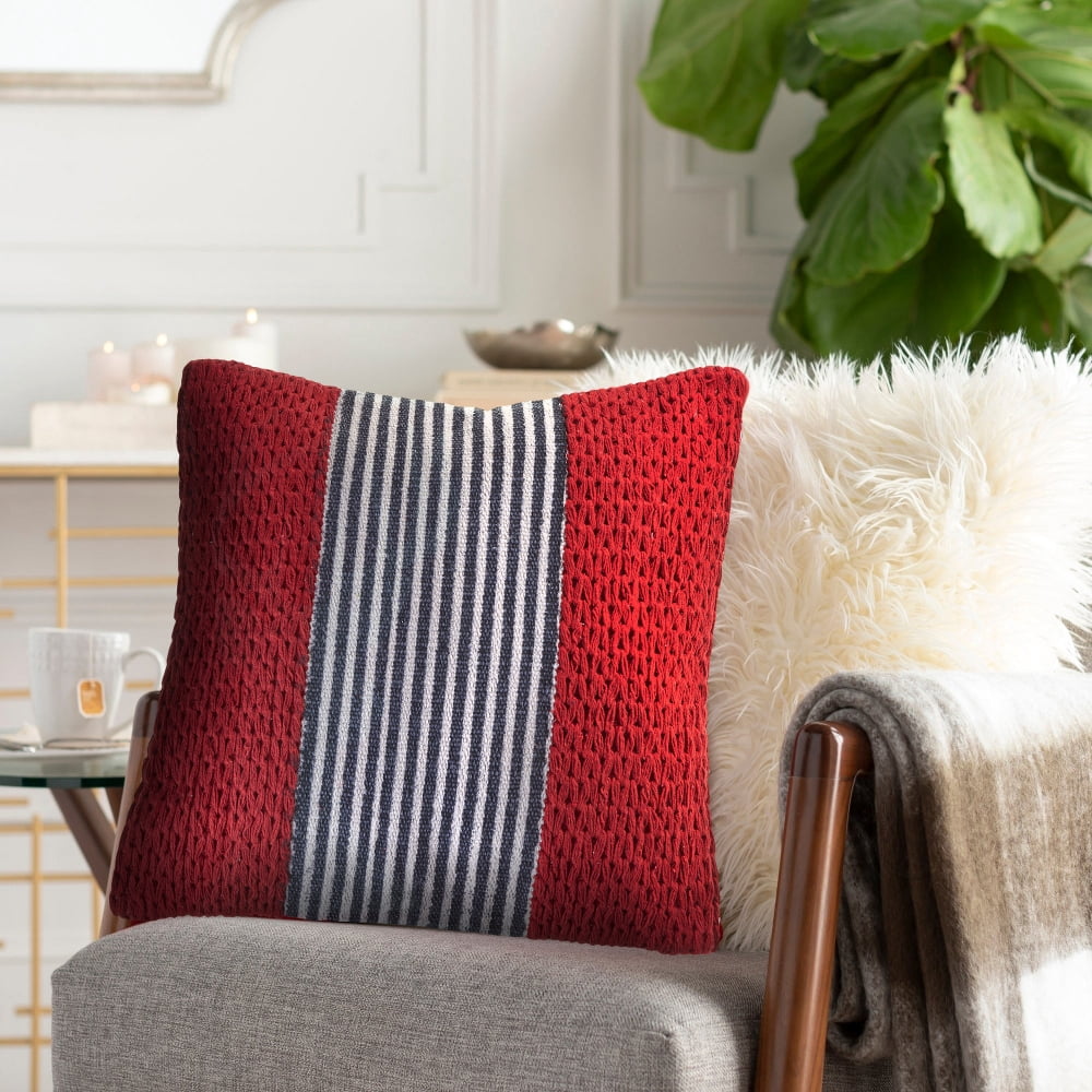 Ox Bay 20" x 20" Hand-Woven Red/ Blue Stripe Cotton Blend Pillow Cover