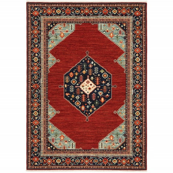 HomeRoots Red Blue Orange And Ivory Oriental Power Loom Stain Resistant Area Rug