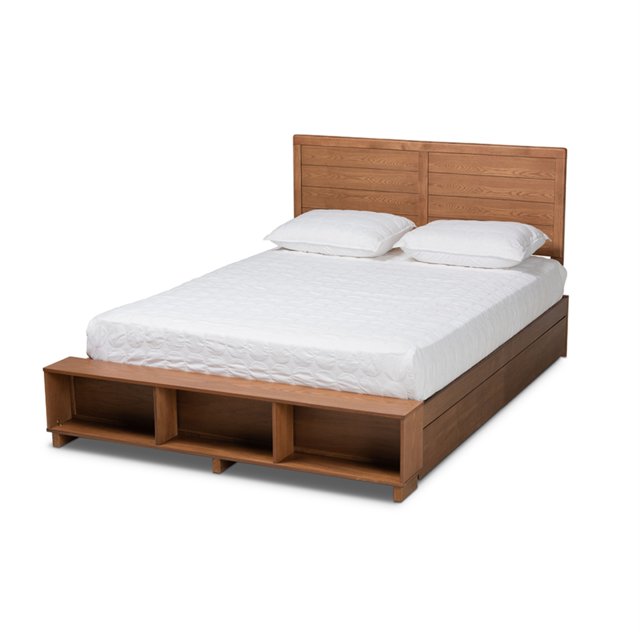 Baxton Studio Alba Modern Transitional Ash Walnut Brown Finished Wood Queen Size 4-Drawer Platform Storage Bed with Built-In Shelves