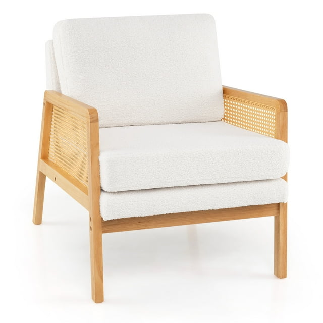 Costway Mid Century Modern Accent Chair Living Room Armchair with Rattan Arms Wooden Frame Natural