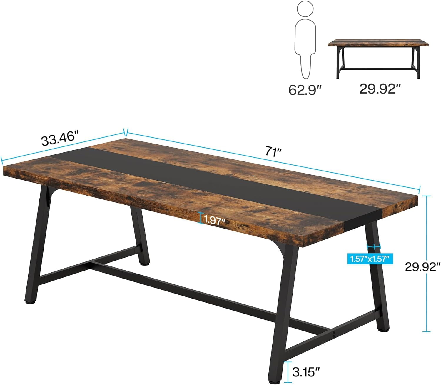 Finmind Executive Office Desk, Large Workspace, Modern Adult Writing Table, 70.87" L x 33.46" W x 29.92" H (Rustic Brown & Black)