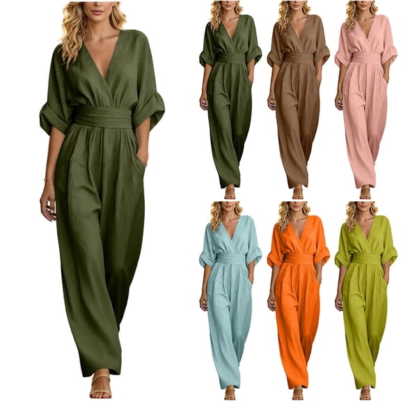 YanHoo Plus Size Jumpsuit for Women Half Sleeve V Neck Jumpsuits Wide Leg Pants Rompers with Pockets