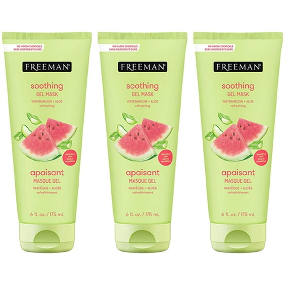 3-Pack FREEMAN Soothing Watermelon And Aloe Gel Facial Mask, Hydrates, Nourishes, And Soothes Irritated Skin, Cooling, Calming Gel Face Mask, For Sensitive And Break-Out Prone Skin, 6 fl.oz