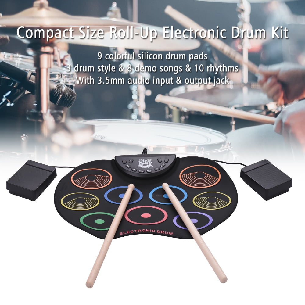 Foldable Roll up Drum Pad with 2 Foot Pedal Built-in Speaker Electronic Drum Set ,Portable Electric Drum Set USB/Battery Charge Bluetooth