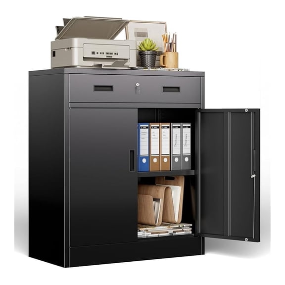 36" H Metal Cabinet with Lockable Drawer and 2 Lockable Doors, Black Locking Cabinet with Adjustable Shelf, Lockable Storage Cabinet for Home Office, Garage,School, Warehouse, Utility Room