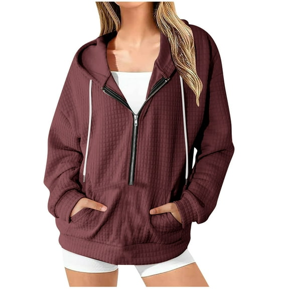 Kaemgyyd Hoodies for Women Casual Drawstring Half Zip Pullover Loose Long Sleeve Trendy Solid Color Sweatshirt with Pockets