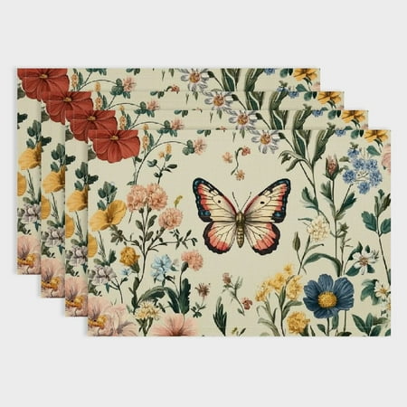 

Shiartex Flowers Butterfly Floral Pattern Linen Dining Table Placemats Set of 4 for Birthday Parties Christmas Restaurants Buffets & Home Decoration 18x12in