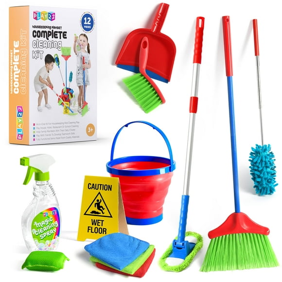 Play22 Kids Cleaning Set 12 Piece - Toy Cleaning Set Includes Broom, Mop, Brush, Dust Pan, Duster, Sponge, Clothes, Spray, Bucket, Caution Sign, - Toy Kitchen Toddler Cleaning Set - Original