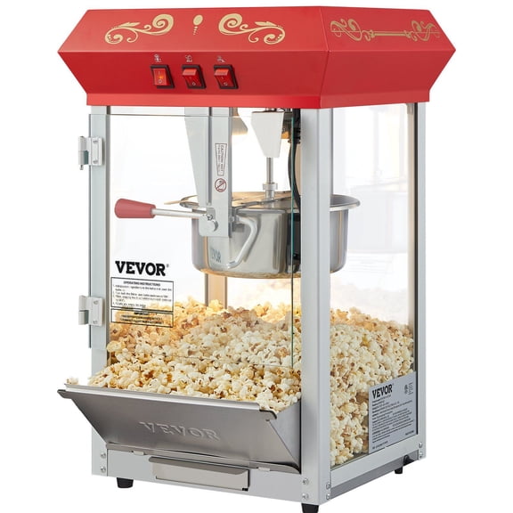 Red Popcorn Popper Machine, 8 Oz Kettle Makes 48 Cups, 850W Countertop Popcorn Maker with Tempered Glass, Includes 4 Scoops, Home Theater Style