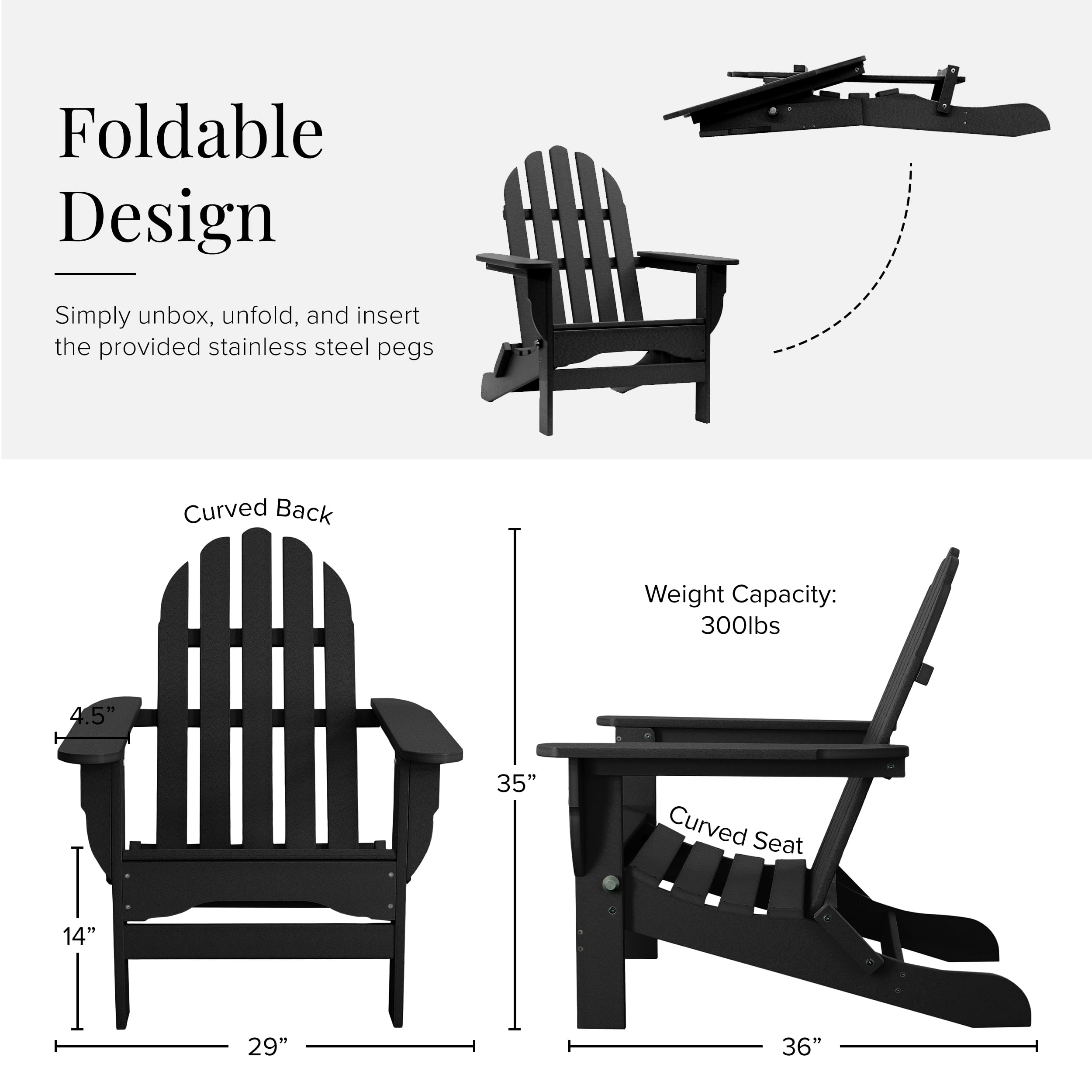 DuroGreen Folding Adirondack Chairs Made With All-Weather Tangent Lumber, Set of 4, Oversized, High End Patio Furniture for Porch, Lawn, Deck, or Fire Pit, No Maintenance, , Black