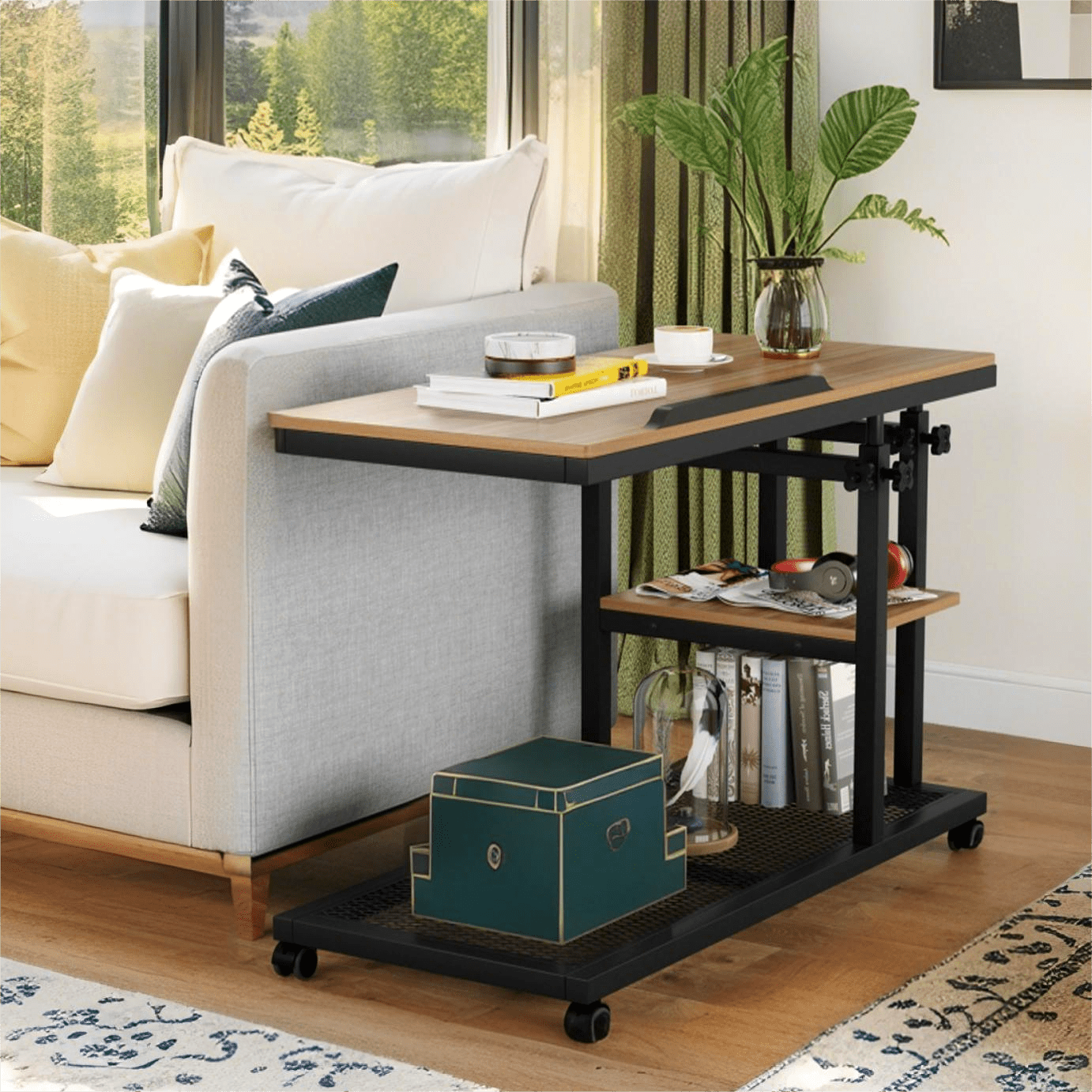 Fnova Mobile Side Table with Wheels, Snack Tray, Height-Adjustable C-Shape Desk, Tiltable Drawing Board, Laptop Stand, Storage Shelves for Living Room, Bedside Table for Couch