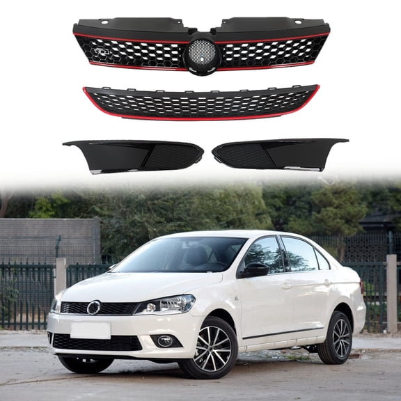 Labwork Front Upper & Lower Grilles Fog Covers Fit for 2011 2012 2013 2014 Volkswagen Jetta, Black & Red Honeycomb Mesh Grill