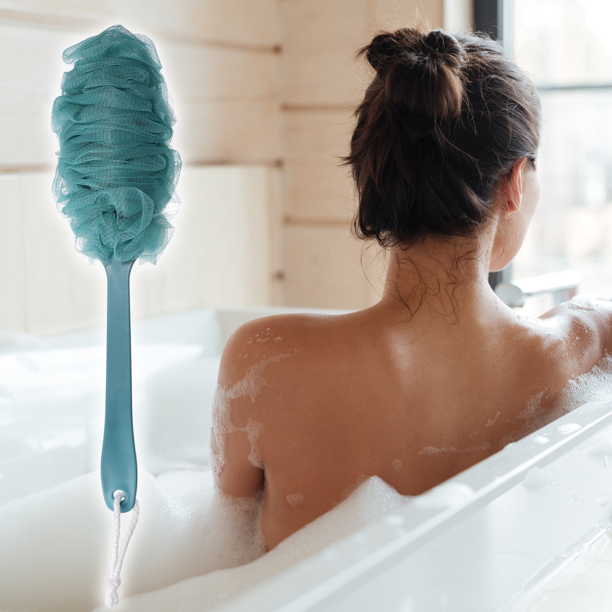 Unique Bargains 1 Pc Body Bath Brush Scrubber Loofah Shower with Long Handle PP Mesh Blue