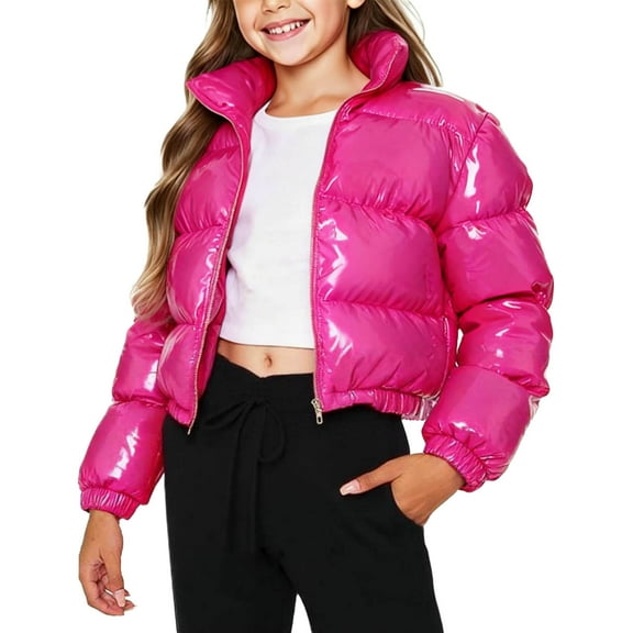Cethrio Girls Puffer Jackets Size 7-8T, Fashion Stand-up Collar Warm Zip up Winter Coats Hot Pink
