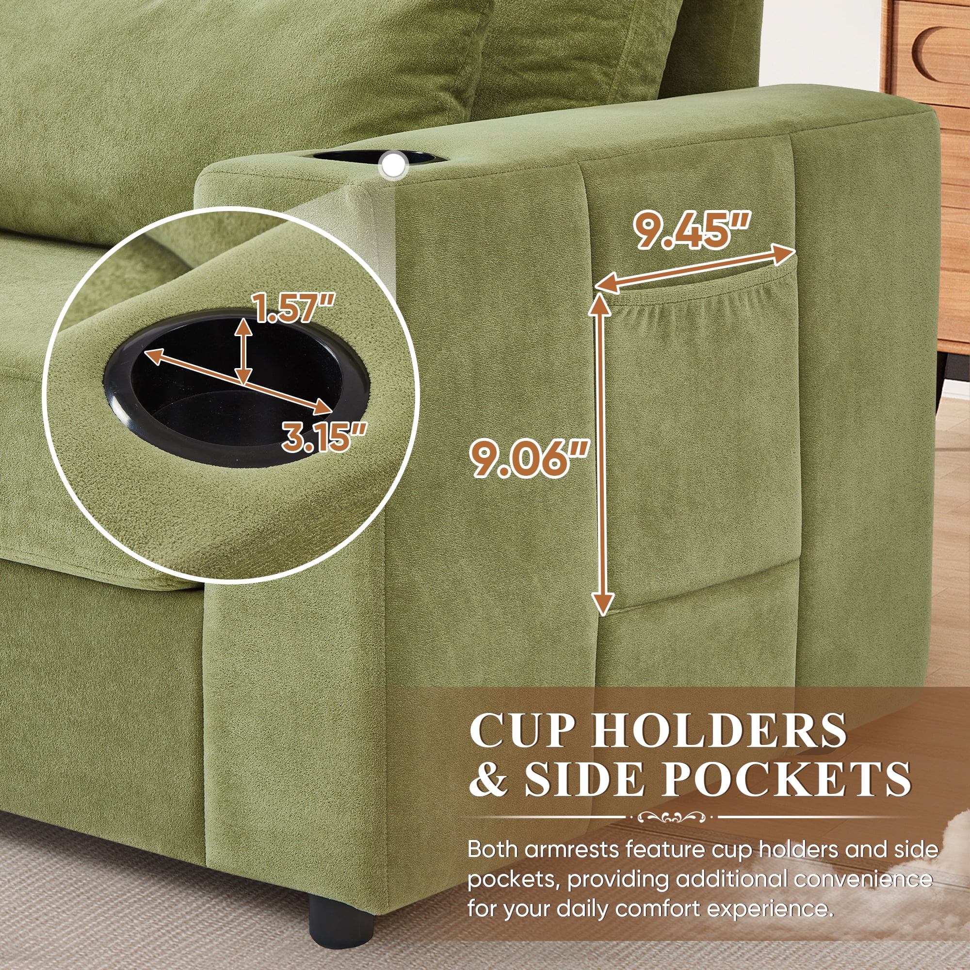 Lunale Accent Chair with Ottoman, Indoor Lounge Chair with USB & Storage, Modern Upholstered Sofa Armchair for Living Room, Bedroom, Apt., Green Chenille