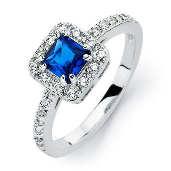Sterling Silver 925 Rhodium Plated Clear Halo Square Blue Ring Cubic Zirconia Jewelry Female Size 5